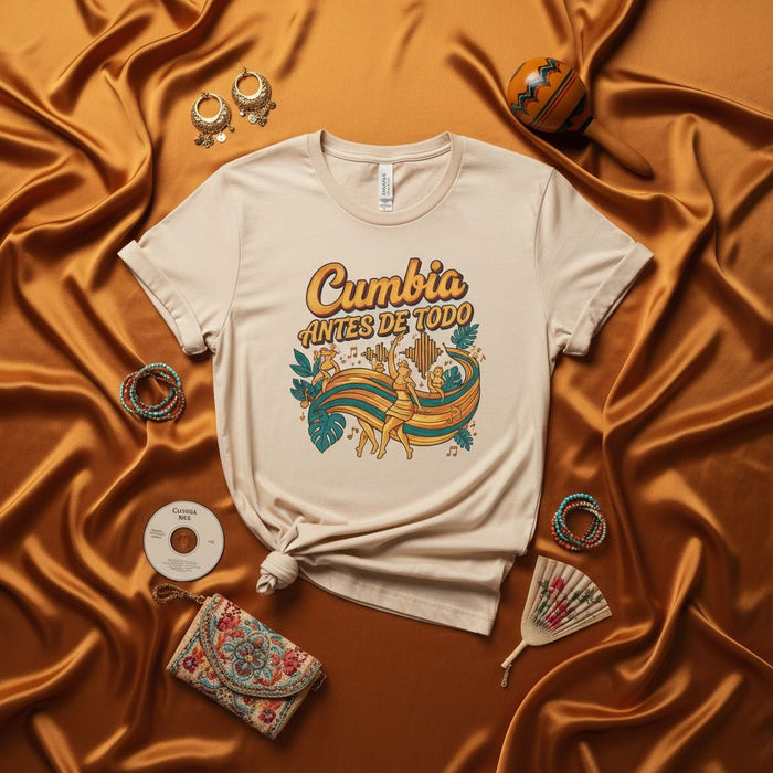 Cumbia Antes De Todo T-Shirt Unisex Retro Groovy Music Dance Tee with Tropical Leaves and Dancers, Latin American Folkloric Rhythm Shirt Gift Idea