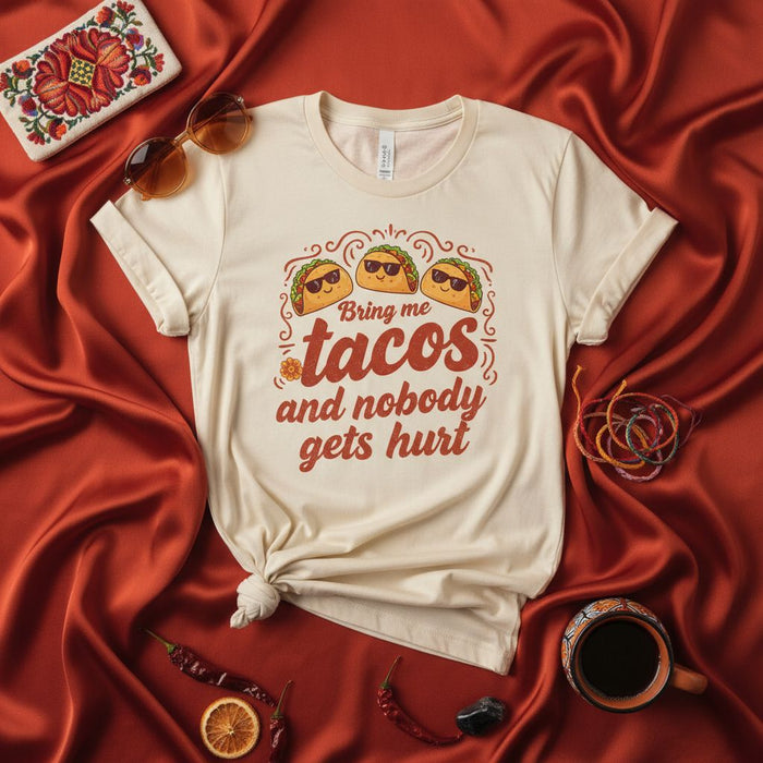 Bring Me Tacos And Nobody Gets Hurt Shirt, Funny Tacos Lover Unisex Tee, Cute Cartoon Taco Graphic Print, Mexican Food Humor T-Shirt, Foodie Gift Idea, Casual Fun Apparel