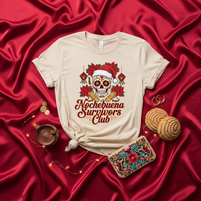 Nochebuena Survivors Club Shirt, Christmas Skull Sugar Skull Day of the Dead Poinsettia Tee, Santa Hat Holiday Fiesta LatinX Gift T-Shirt