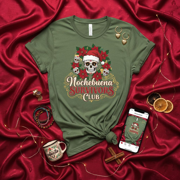Nochebuena Survivors Club Shirt, Day of the Dead Sugar Skull Christmas Poinsettia Wreath, Xmas Holiday Unisex T-Shirt Gift for Dia de Muertos Enthusiasts