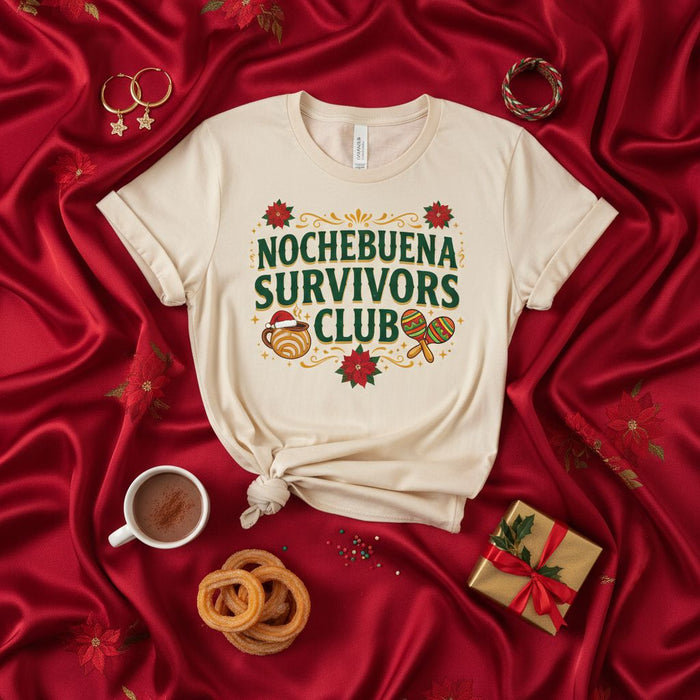 Nochebuena Survivors Club Christmas T-Shirt, Holiday Family Gathering Shirt, Funny Xmas Eve Tee, Festive Poinsettia Design, Unisex Yuletide Top for Men and Women, Festive Hot Chocolate and Maraca Graphic Shirt