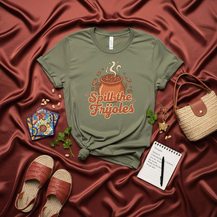 Spill the Frijoles T-Shirt, Funny Beans and Pot Pun Tee, Mexican Foodie Gift, Sage Green Unisex Shirt, Kitchen Cooking Humor, Spanish Phrase Shirt, Cute Hispanic Culture Tee, Latina Latinx Apparel