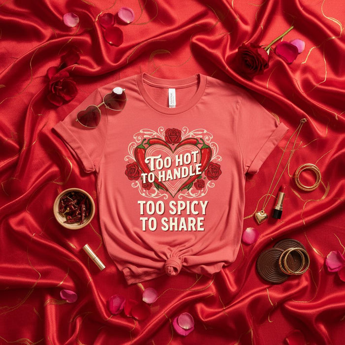 Too Hot To Handle Too Spicy To Share T-Shirt for Valentine's Day, Spicy Food Lover Gift, Hot Pepper Shirt, Chili Lover Tee, Unisex Graphic T-Shirt