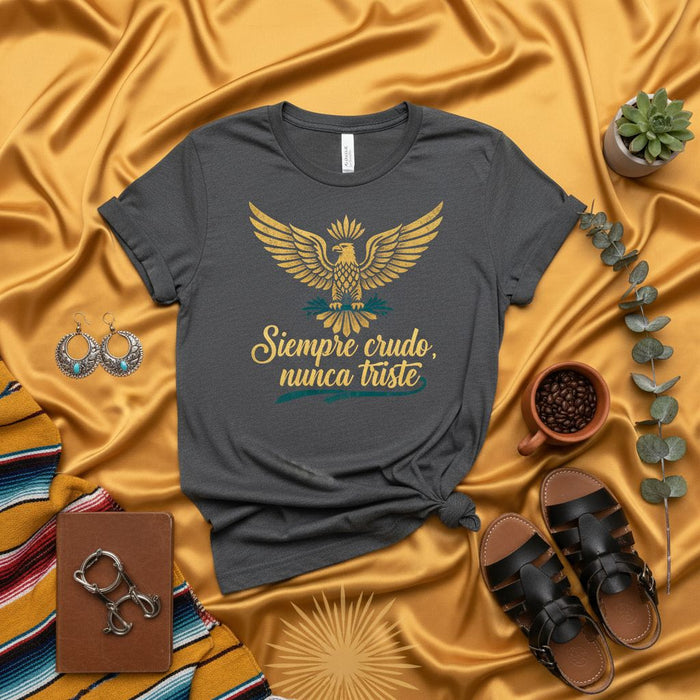 Camicia a maniche corte sempre cruda, mai triste, aquila spagnola, stile messicano, unisex, design oro e verde acqua, abbigliamento divertente orgoglio latino