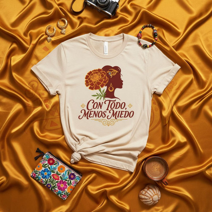 Con Todo Menos Miedo Marigold Flower Woman Silhouette Unisex T-Shirt, Empowerment Spanish Quote Tee, Dia de Muertos Inspired Shirt, Latina Gift, Beige Shirt