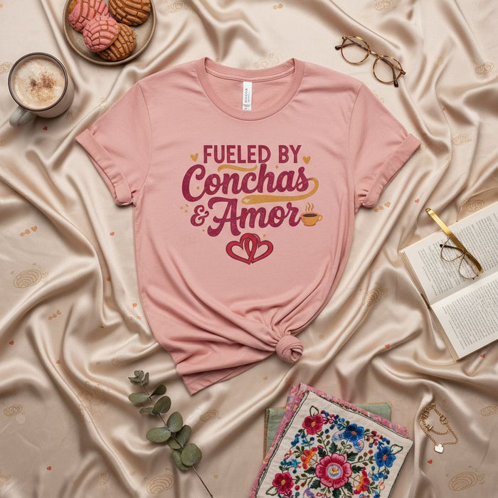 Maglietta Conchas & Amore, Simpatica Maglietta Pan Dulce e Amore, Regalo Latina, Maglia Caffè Pane Dolce, Maglietta Concha Messicana, Maglia Unisex Rosa con Cuori