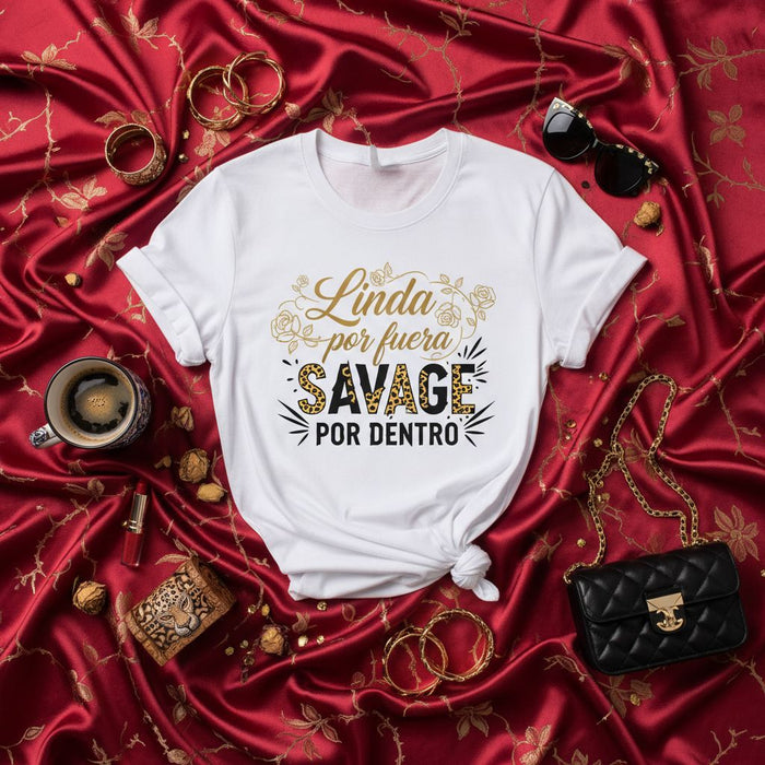 Linda por fuera Savage por dentro T-Shirt | Funny Spanish English Quote Shirt | Cheetah Leopard Print Text Tee | Cute Gift for Her, Mujer, Latinas