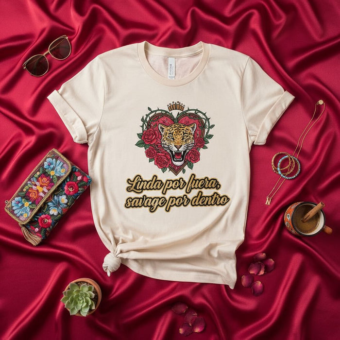 Linda por fuera, savage por dentro T-Shirt, Leopard Heart & Roses Design, Fierce Mexican American Graphic Tee, Unisex Aesthetic Shirt, Latine Fashion Gift