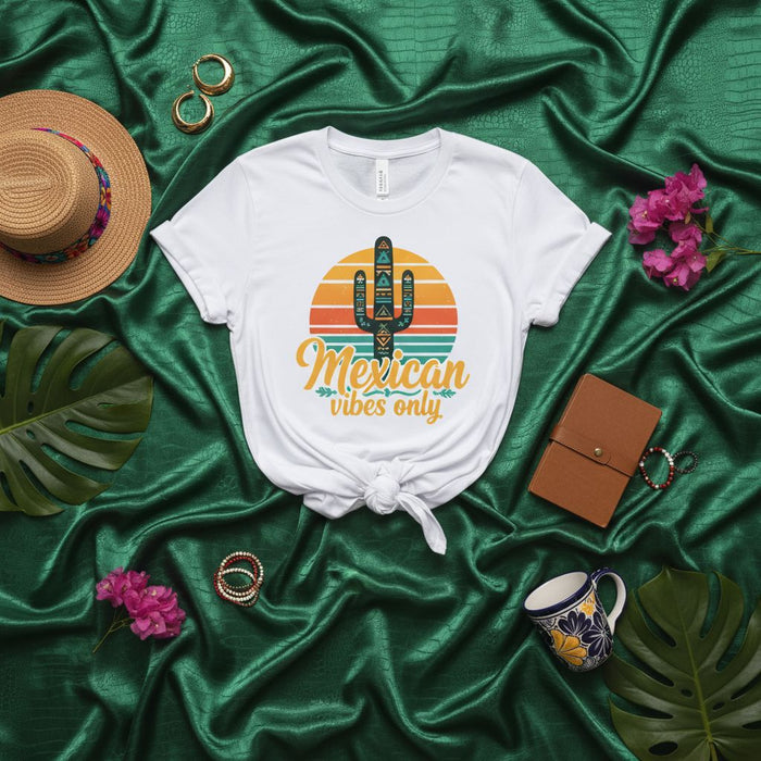 Mexican Vibes Only T-Shirt Retro Sunset Cactus Graphic Tee Unisex Latin Pride Gift Cinco de Mayo Shirt Travel Vacation Apparel Summer Festival Top