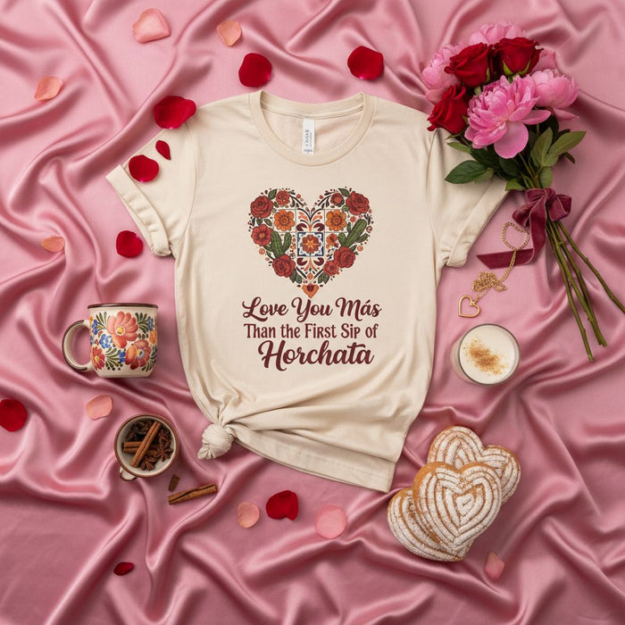 Love You Más Than the First Sip of Horchata T-Shirt, Floral Heart Design, Mexican Culture Inspired, Valentine's Day Gift, Unisex Tee, Funny Spanish English Quote Shirt
