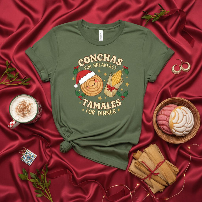 Conchas for Breakfast Tamales for Dinner Christmas Shirt, Funny Mexican Food Xmas Holiday Tee with Pan Dulce and Tamale Graphic, Festive Unisex Gift for Latina Latino Amigos
