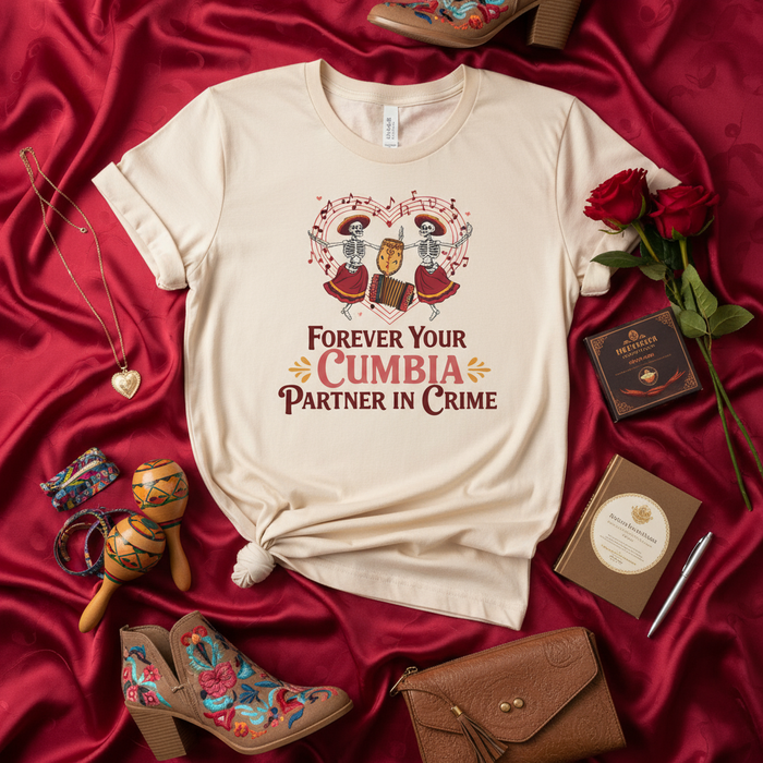 Forever Your Cumbia Partner in Crime T-Shirt, Dancing Skeletons Mariachi Band Shirt, Day of the Dead Couple Tee, Dia de los Muertos Cumbia Dance Lover Gift, Unisex Aesthetic T-Shirt