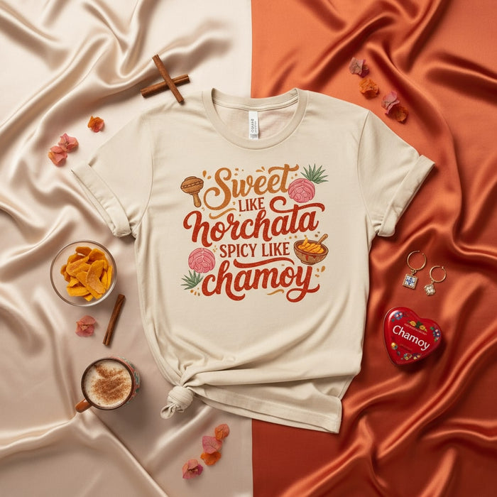 Sweet Like Horchata Spicy Like Chamoy T-Shirt, Mexican Foodie Tee, Funny Hispanic Drink Pun Shirt, Aguas Frescas Lover Gift, Latino Culture Apparel for Men and Women, Unisex Graphic Top
