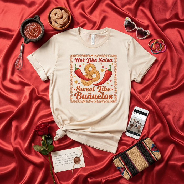Camiseta Picante Como Salsa Dulce Como Buñuelos con Gráfico de Chiles y Churro, Camisa Divertida para Amantes de la Comida, Ropa de Cultura Latina, Top Unisex