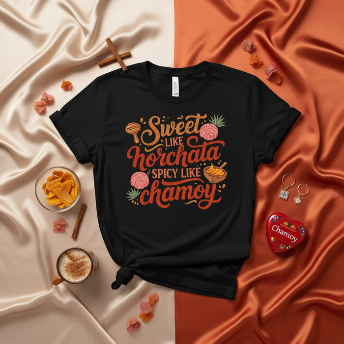 Sweet Like Horchata Spicy Like Chamoy T-Shirt, Mexican Foodie Tee, Funny Hispanic Drink Pun Shirt, Aguas Frescas Lover Gift, Latino Culture Apparel for Men and Women, Unisex Graphic Top