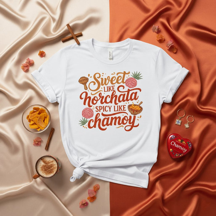 Sweet Like Horchata Spicy Like Chamoy T-Shirt, Mexican Foodie Tee, Funny Hispanic Drink Pun Shirt, Aguas Frescas Lover Gift, Latino Culture Apparel for Men and Women, Unisex Graphic Top
