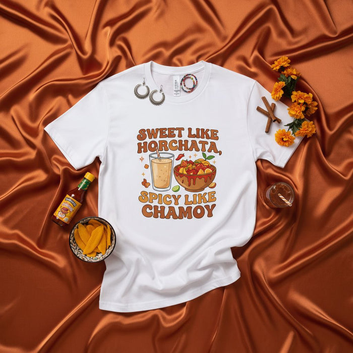 SWEET LIKE HORCHATA, SPICY LIKE CHAMOY - Mexican Food Shirt, Latina Gifts, Horchata Chamoy Mango Candy T-Shirt, Spicy Sweet Snack Lover Tee, Unisex Graphic Top