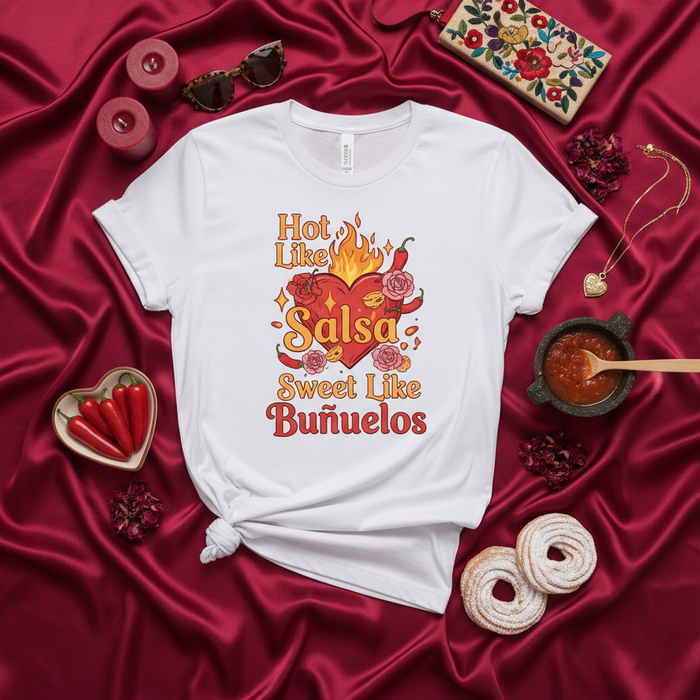 Hot Like Salsa Sweet Like Buñuelos T-Shirt, Spicy Heart Shirt, Mexican Food Lover Gift, Latina Apparel, Funny Valentine's Day Tee, Unisex Graphic Top