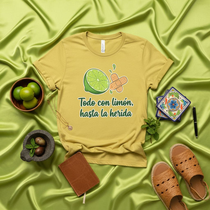 Todo con limón, hasta la herida T-Shirt Unisex, Limón y Curita Diseño Gráfico, Humor Cítrico, Camiseta con Frase Graciosas en Español, Playera de Lima, Regalo para Amantes del Limón