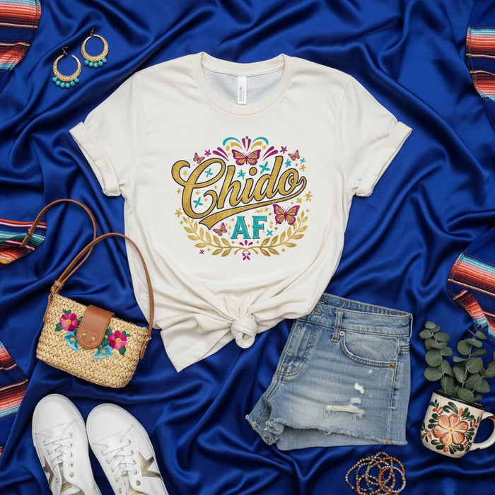 Chido AF Shirt, Funny Mexican Spanish Slang Tee, Cute Butterflies Floral Design, Unisex T-shirt for Latinos and Latinas