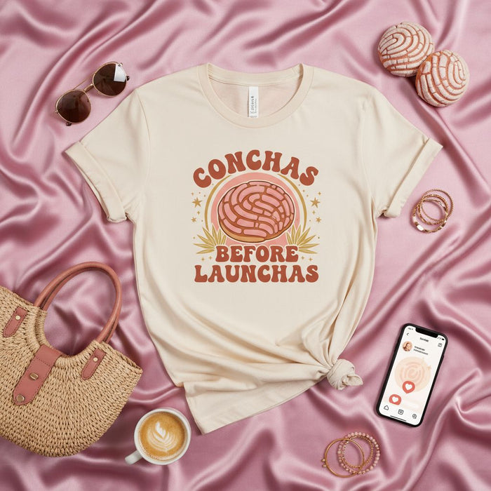 Conchas Before Launchas Shirt, Concha Pan Dulce Unisex T-Shirt, Funny Mexican Bakery Pastry Tee, Retro Latina Foodie Graphic T-Shirt Gift, Aesthetic Pastel Beige Softstyle Shirt