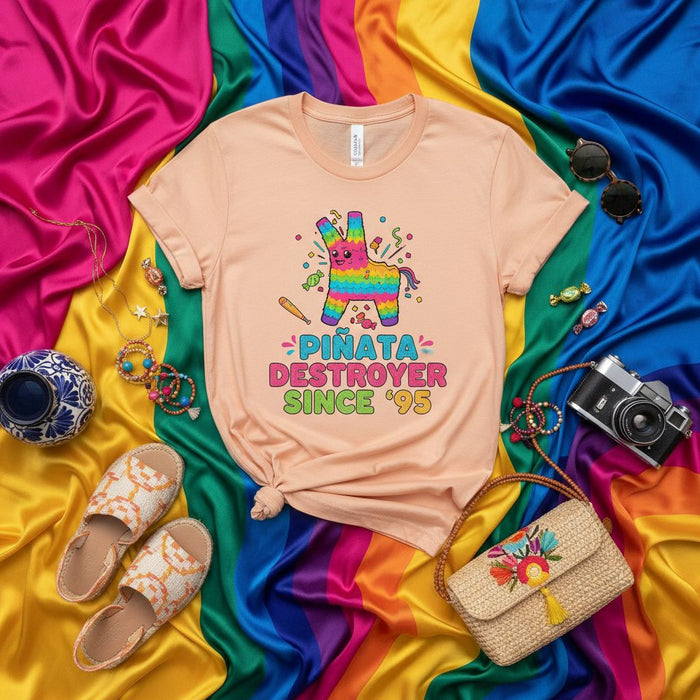 Piñata Destroyer Since '95 Unisex T-Shirt - Funny Fiesta Birthday Party Tee with Cute Colorful Piñata Design - Retro 90s Style Cinco de Mayo Celebration Shirt for Adults