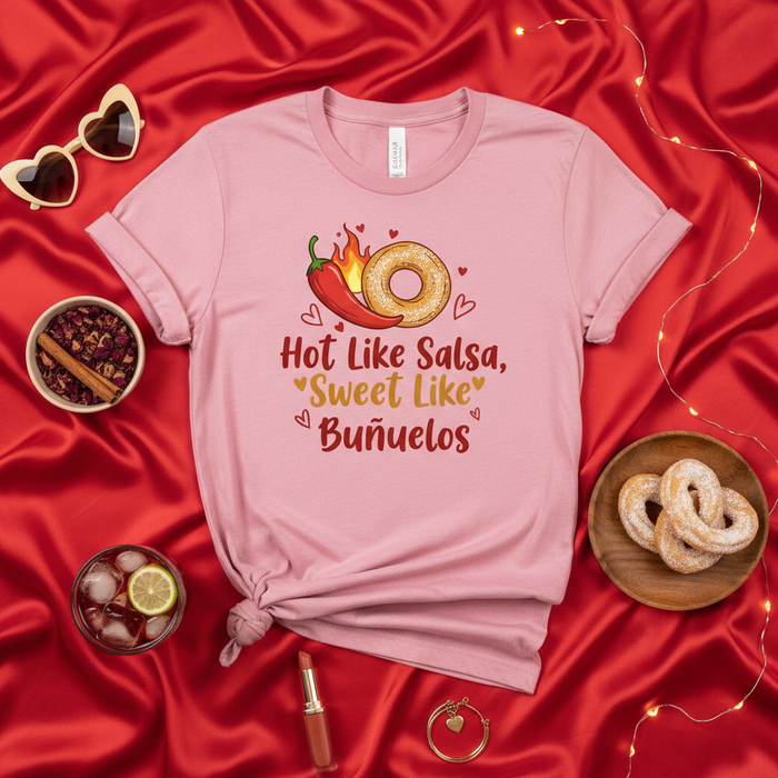 Hot Like Salsa Sweet Like Buñuelos, Spicy Chili Pepper Donut T-Shirt, Funny Hispanic Food Tee, Cute Pink Unisex Shirt, Latina Gift, Mexican Dessert Lover Apparel