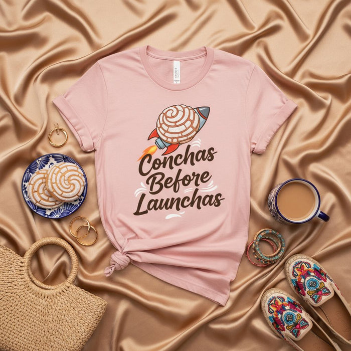 Conchas Before Launchas T-Shirt, Funny Hispanic Puns, Concha Rocket Ship Tee, Mexican Sweet Bread Lovers Shirt, Pan Dulce Baking Gift, Pastel Pink Unisex Top, Cute Foodie Apparel