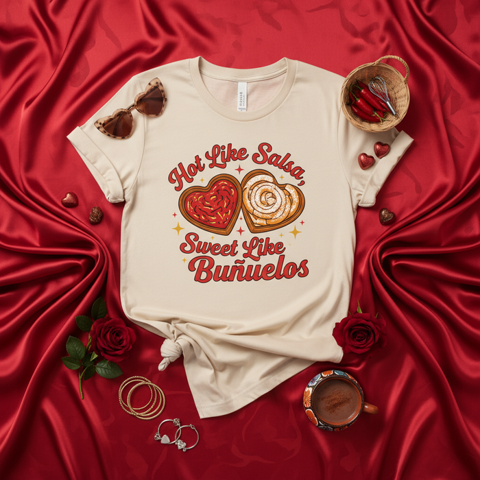 Hot Like Salsa Sweet Like Buñuelos T-Shirt, Mexican Food Valentines Day Shirt, Cute Heart Cookie and Cinnamon Roll Graphic Tee, Spanish Phrase Love Shirt, Foodie Gift