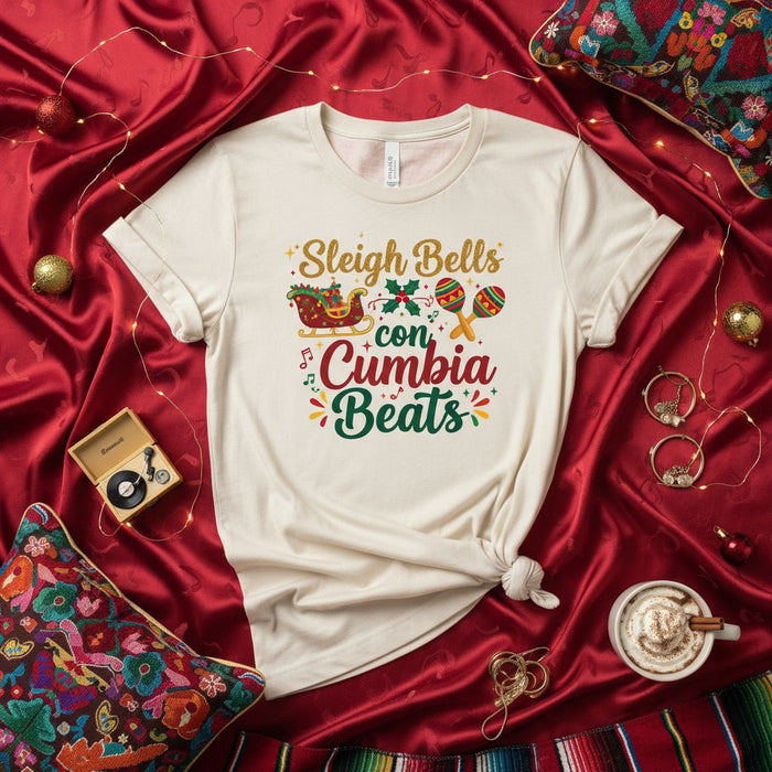 Sleigh Bells con Cumbia Beats Christmas T-Shirt, Funny Latin Holiday Tee, Festive Cumbia Music Xmas Shirt, Spanish English Mixed Phrase Party Top, Unisex Adult Short Sleeve Shirt