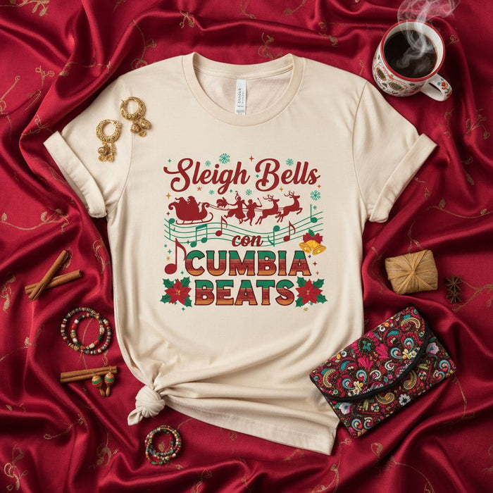 Sleigh Bells con Cumbia Beats Christmas T-Shirt, Funny Latin Holiday Music Tee, Festive Santa Reindeer Sleigh Dancing Design Shirt, Unisex Xmas Gift for Cumbia Lovers