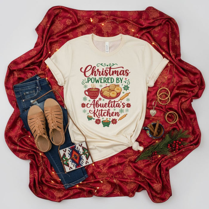 Christmas Powered By Abuelita's Kitchen T-Shirt, Grandma's Holiday Baking Tee, Festive Latina Family Christmas Shirt, Tamales and Hot Chocolate Design, Cute Spanish Heritage Apparel Gift