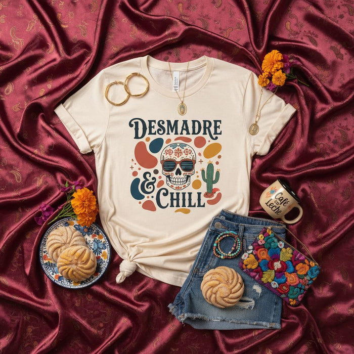 Desmadre & Chill T-Shirt: Sugar Skull, Cactus, Dia de los Muertos, Spanglish, Funny Mexican Slang, Unisex Graphic Tee, Casual Aesthetic Top