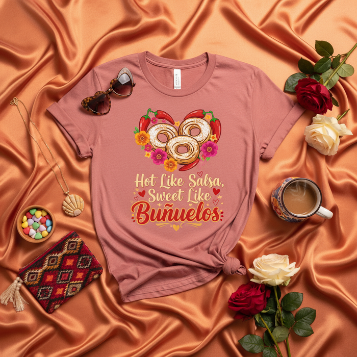 Hot Like Salsa, Sweet Like Buñuelos T-Shirt, Mexican Foodie Tee with Donuts, Chili Peppers, and Flowers, Funny Hispanic Dessert Lover Shirt, Latinx Culture Gift for Christmas or Cinco de Mayo