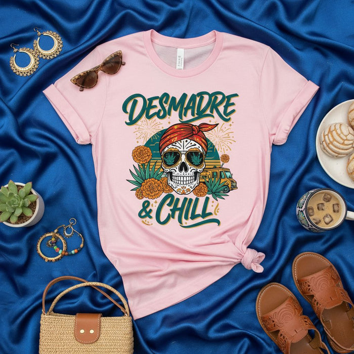Desmadre & Chill Calavera Sugar Skull T-Shirt with Bandana, Marigolds, Cactus, and VW Bus Graphic, Fun Spanish English Phrase Tee, Unisex Pink Shirt for Festivals or Casual Wear