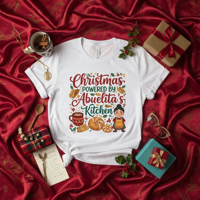 Christmas Powered By Abuelita's Kitchen T-Shirt, Funny Holiday Abuela Baking Tee, Spanish Family Christmas Gift, Navidad Cook Shirt, Festive Unisex Grandma Present