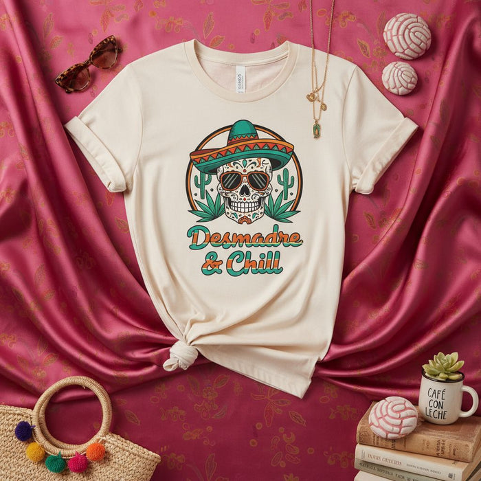 Desmadre & Chill T-Shirt: Sugar Skull with Sombrero, Sunglasses, and Cactus Graphic, Unisex Fiesta Shirt for Fun and Relaxation