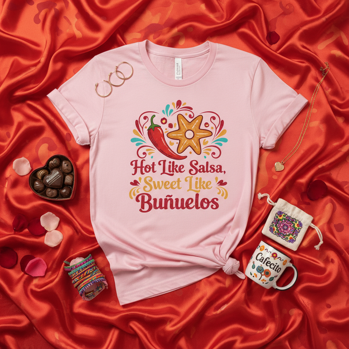 Caliente Como Salsa Dulce Como Buñuelos, Camiseta Latina Divertida, Postre Mexicano, Gráfico de Chile, Regalo Amante de la Comida, Camiseta con Frase Bonita en Español