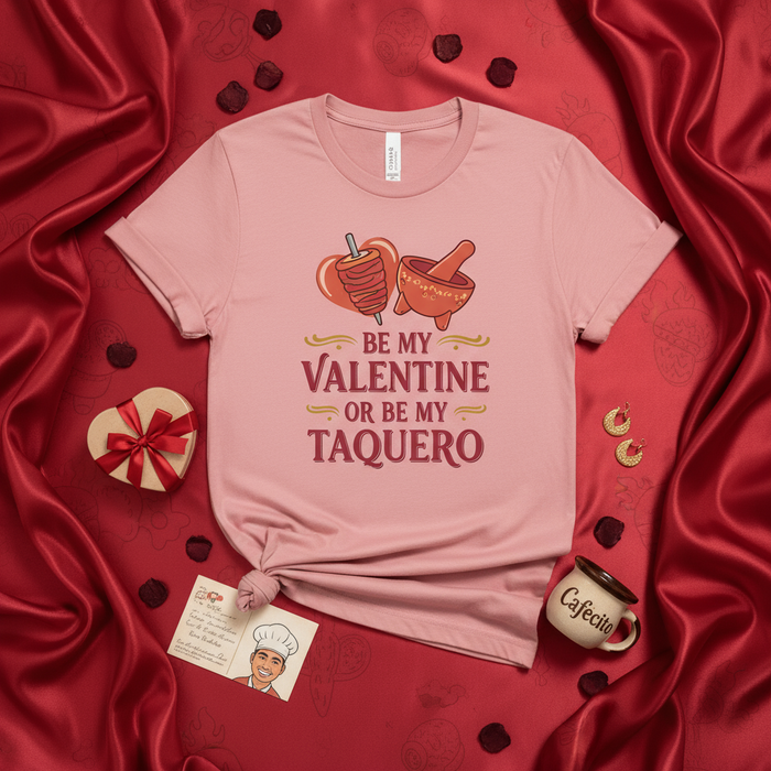 Be My Valentine or Be My Taquero Shirt, Funny Taco Al Pastor and Molcajete Valentine's Day T-Shirt, Mexican Food Lover Gift, Unisex Pink Tee for Him or Her