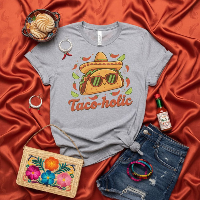 Taco-holic T-Shirt Cute Cartoon Taco with Sombrero and Sunglasses, Funny Mexican Food Lover Unisex Graphic Tee, Cinco de Mayo Party Shirt, South of the Border Festival Outfit