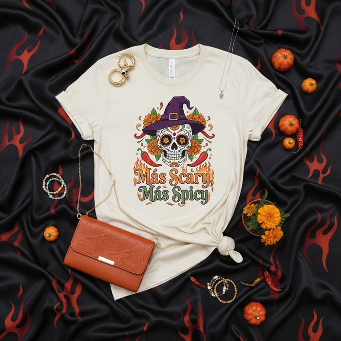 Más Scary Más Spicy Day of the Dead Sugar Skull Witch Hat Halloween T-Shirt, Calavera with Flowers and Chili Peppers Spooky and Fun Unisex Shirt