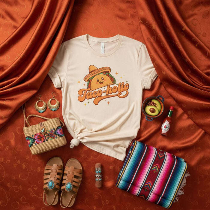Taco-holic T-Shirt, Funny Cute Taco Graphic Tee with Sombrero, Food Lover Shirt, Fiesta Apparel, Unisex Short Sleeve Top, Gift for Mexican Food Fan