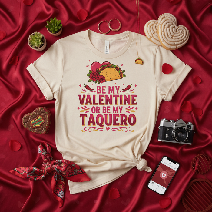 Be My Valentine Or Be My Taquero Shirt, Funny Valentine's Day Taco Lover T-Shirt, Cute Mexican Food Fiesta Valentine Tee, Taquero Love Pun Graphic Top, Unisex Valentine Gift for Taco Enthusiasts
