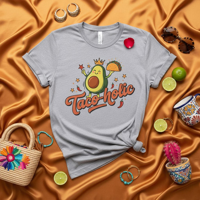 Taco-holic T-Shirt, Cute Avocado King Holding a Taco and Star, Funny Mexican Food Graphic Tee, Unisex Grey Short Sleeve Shirt, Cinco de Mayo Outfit