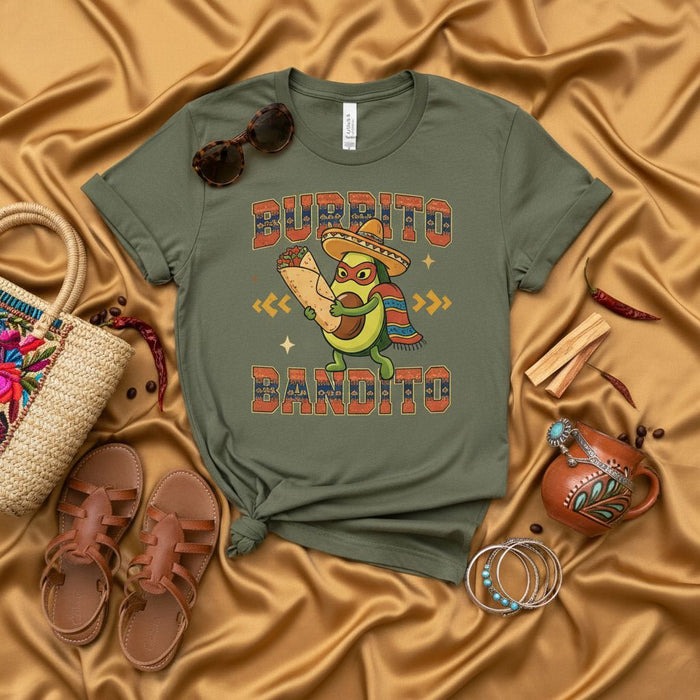 Burrito Bandito Funny Avocado Wearing Sombrero and Serapes Holding a Burrito Unisex T-Shirt, Mexican Food Lover Graphic Tee, Cinco de Mayo Apparel