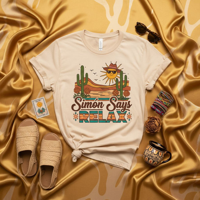 Simón Says Relax Desert Sunset T-Shirt, Retro Boho Cactus Sun Graphic Tee, Funny Spanish Phrase Unisex Summer Vacation Shirt, Southwestern Vibe Apparel