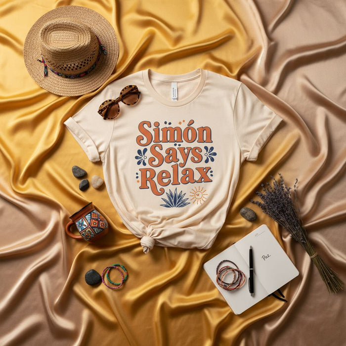 Simón Says Relax T-Shirt, Fun Playful Design, Unisex Graphic Tee, Spanish English Phrase, Vacation Mode, Summer Apparel, Gift for Him Her, Retro Font, Casual Style Shirt