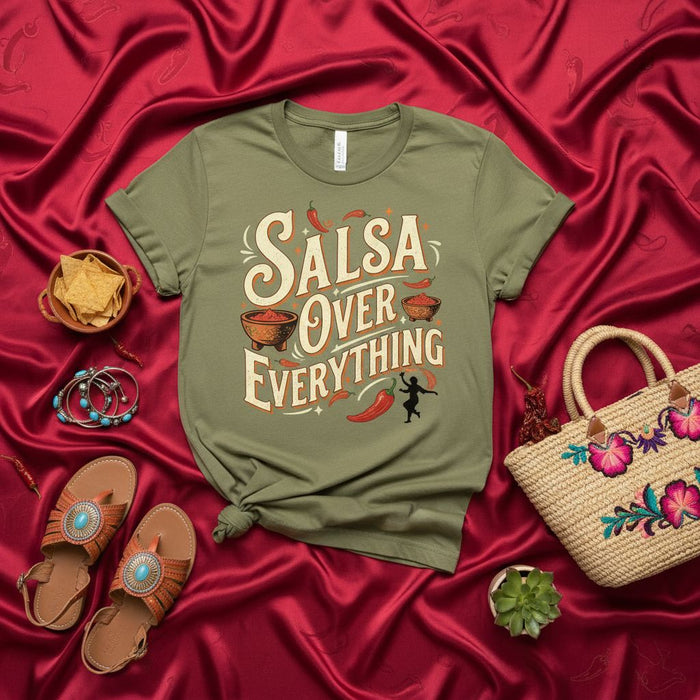 Salsa Over Everything Shirt, Funny Mexican Food Lover Tee, Cinco de Mayo Dancing Fiesta T-Shirt, Spicy Chili Pepper T-shirt, Humorous Foodie Gift for Men Women, Unisex Graphic Top