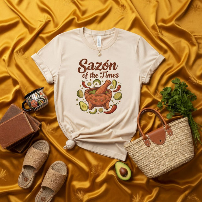 Sazón of the Times T-Shirt, Funny Hispanic Foodie Shirt, Molcajete Avocado Chili Peppers Cooking Tee, Mexican Cuisine Gift, Unisex Fit, Kitchen Apparel