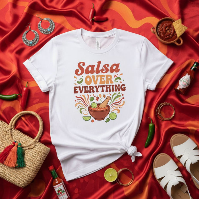 Salsa OVER Everything T-Shirt, Spicy Foodie Gift, Mexican Cuisine Tee, Mortar and Pestle, Lime Chili Pepper Graphic Shirt, Unisex Funny Fiesta Apparel